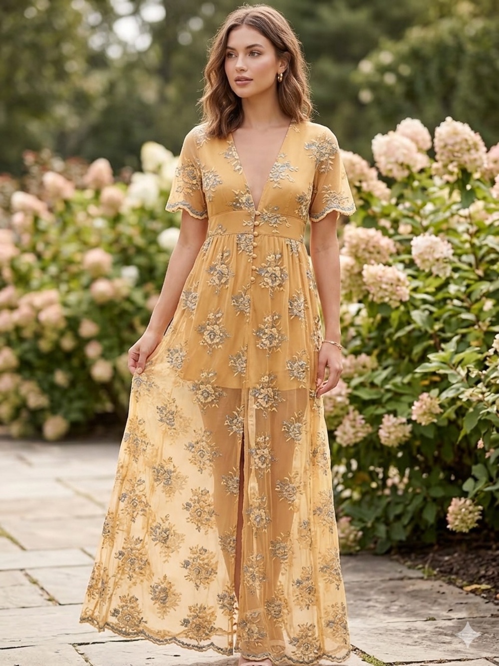 Promesa Floral Embroidered Mesh Maxi Dress Mustard Yellow Boho Wedding Guest M